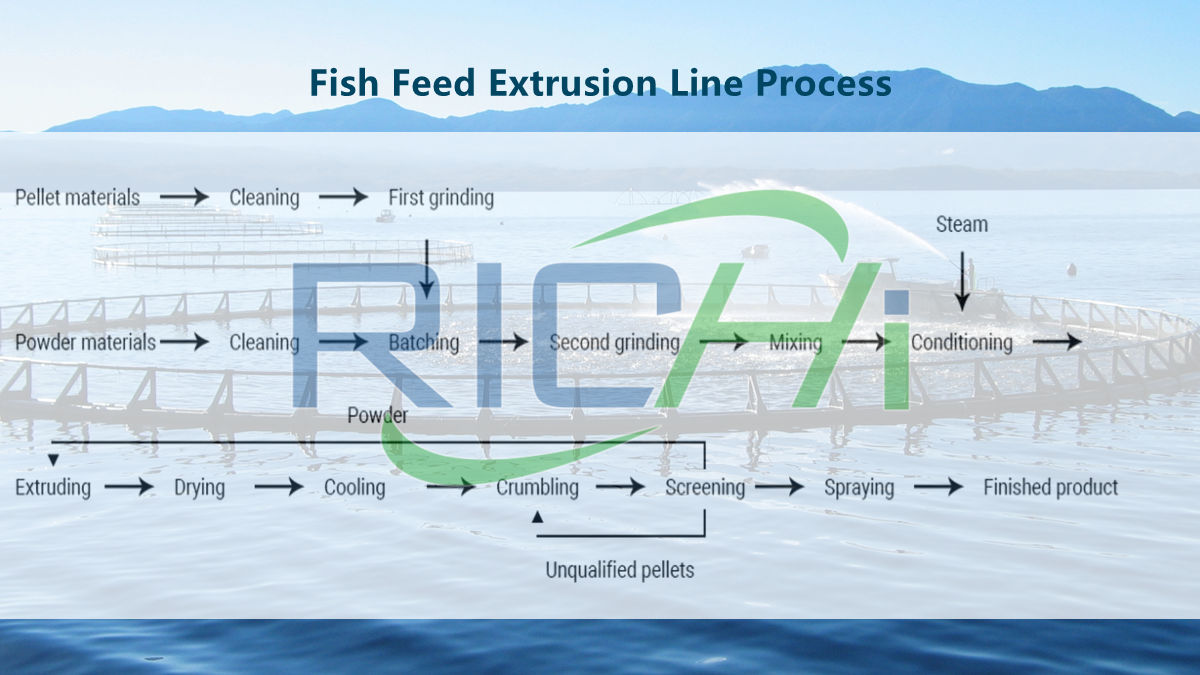 Production process of sinking fish feed extruder machine for sinking fish feed factory line